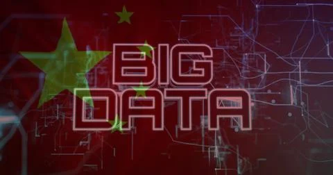 Displaying centered BIG DATA text glowing neon in red visual, with Chinese stars 스톡 일러스트