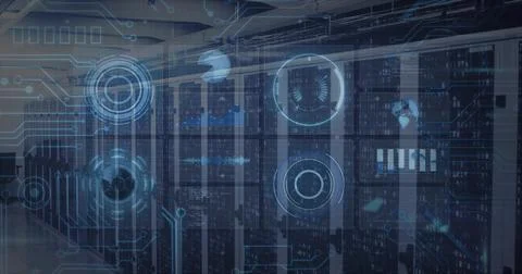 Displaying centered black server cabinets in data center aisle, showing blue Stock Photos