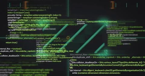 Displaying centered block showing layered source code and neon-green emblem at Stockillustratie