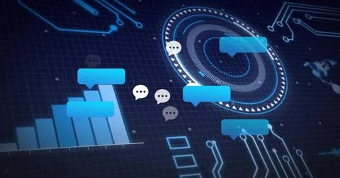 Displaying centered blue chat bubbles and white ellipsis hovering on dark grid Stock Illustration