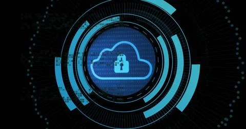 Displaying centered blue cloud lock icon in HUD rings, with binary digits, Illustrazione stock