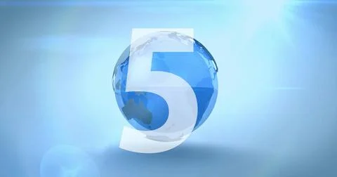 Displaying centered blue globe overlaid by translucent white 5 in digital Stock Illustration