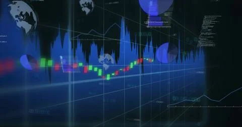 Displaying centered candlestick and blue area chart on trading dashboard, with 写真素材