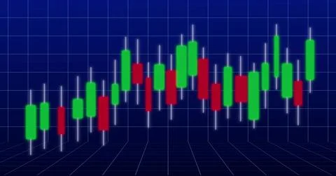Displaying centered candlestick chart on deep blue grid, showing green red ba Illustrazione stock