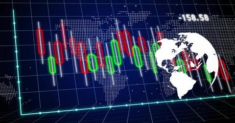 Displaying centered candlesticks pulsing on 3D-grid, world-map, white-globe, イラスト素材