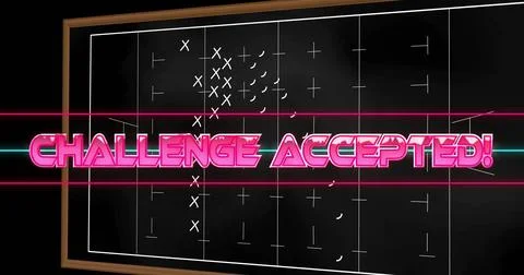 Displaying centered CHALLENGE ACCEPTED! neon glowing on chalkboard with chalk Stock Illustration