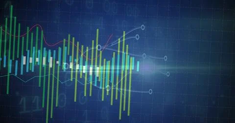 Displaying centered chart cluster on dark blue grid screen with bars, candles, Stock Illustration