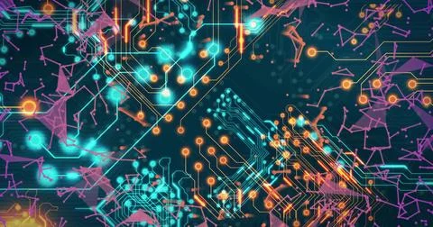 Displaying centered circuitry network in digital environment, with teal PCB Stock Photos