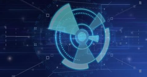 Displaying centered circular HUD glowing cyan in virtual dashboard, with Stock Illustration