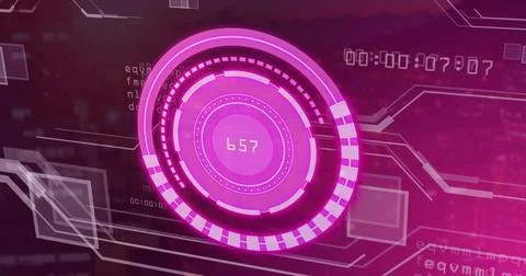 Displaying centered circular HUD rotating over magenta gradient control panel, Stock Illustration