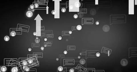 Displaying centered cluster of chat bubbles and avatar icons on dark gradient, Stock Photos