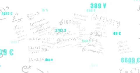 Displaying centered cluster of handwritten math equations with cyan currency Stock Photos