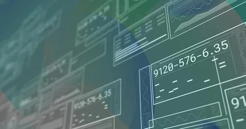 Displaying centered cluster of translucent UI panels on teal-green dashboard, Illustrazione stock