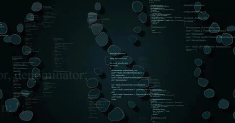 Displaying centered code fragments and turquoise blobs on digital screen, Illustration