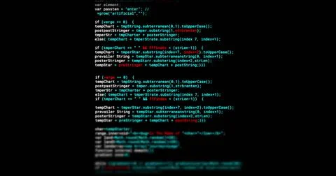 Displaying centered column of syntax-highlighted code in code editor on home Stock Photos