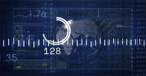 Displaying centered dashboard on command console showing dotted Africa map, HUD Stock Photos