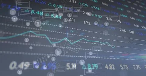 Displaying centered dashboard visual with teal line chart, floating numeric Illustrazione stock