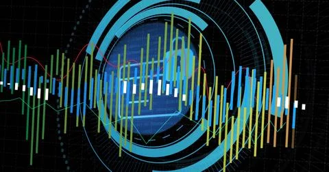 Displaying centered data HUD on dark dashboard, radial rings, candlestick bar Stock Illustration