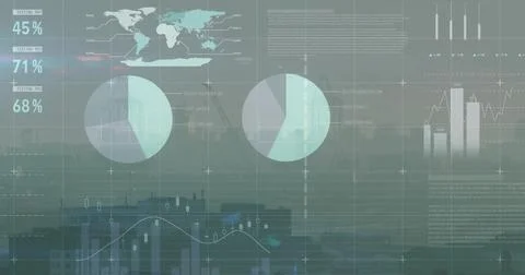 Displaying centered data overlay over hazy skyline, showing two pie charts, map, Illustrazione stock
