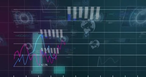 Displaying centered data panel on dark teal grid showing magenta line and cyan 스톡 일러스트