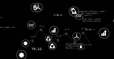 Displaying centered dataviz cluster with connected nodes on dashboard, showing Stock Illustration