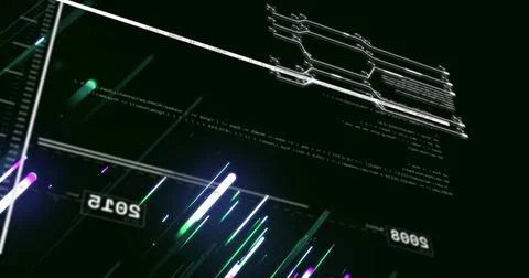 Displaying centered diagonal neon streaks crossing HUD, showing mirrored year Stock Photos