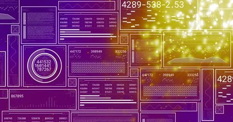 Displaying centered digital dashboard with layered panels, circular gauge, line Stock Photos