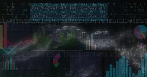 Displaying centered digital HUD showing translucent panels, bar charts, line 스톡 일러스트