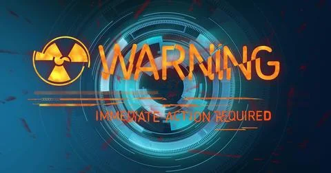 Displaying centered digital WARNING alert pulsing on HUD, showing radiation icon Stock Illustration
