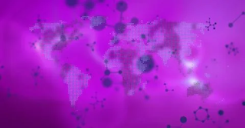 Displaying centered dot matrix world map on magenta digital canvas, molecular 스톡 일러스트