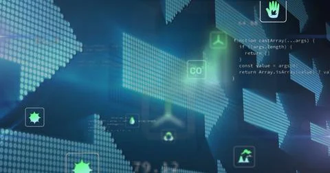 Displaying centered dotted arrows and floating green eco icons on virtual tech Stock Illustration