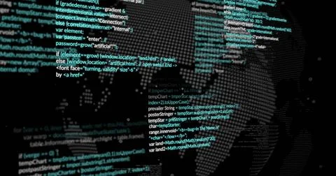 Displaying centered dotted globe with code block pulsing on dark screen with Stock-Illustration