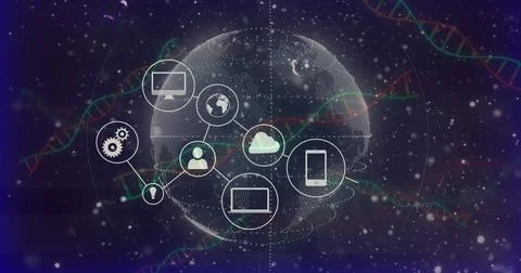 Displaying centered dotted wireframe globe with networked icon nodes in Stock Illustration