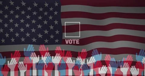 Displaying centered empty checkbox and VOTE text over US flag backdrop, showing Illustrazione stock