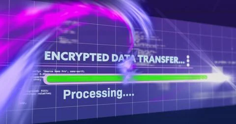 Displaying centered ENCRYPTED DATA TRANSFER header with green progress bar and 库存插图