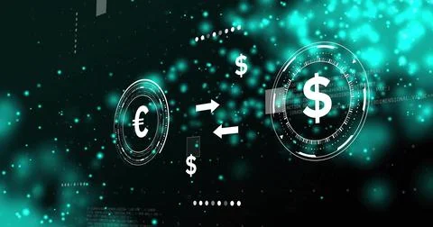 Displaying centered euro and dollar HUD circles at finance dashboard, showing Stock Illustration