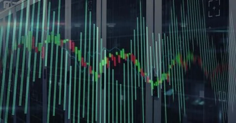 Displaying centered financial chart overlay in server room, showing candles, Stock Illustration