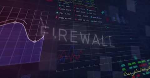 Displaying centered FIREWALL label on virtual cybersecurity dashboard with Stock Photos