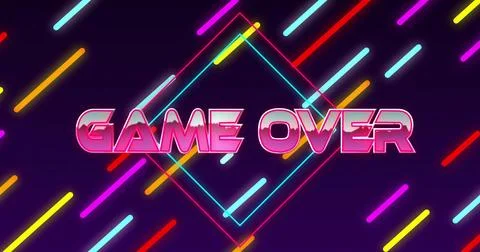 Displaying centered GAME OVER headline pulsing on purple gradient, neon diamond Stock Illustration