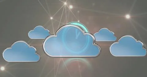Displaying centered glossy blue cloud overlapping faint clock on gray gradient Stock Photos