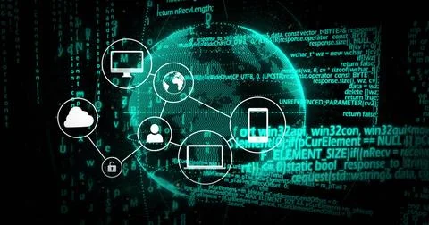 Displaying centered glowing globe linking white node icons and cascading code in Stock-Illustration