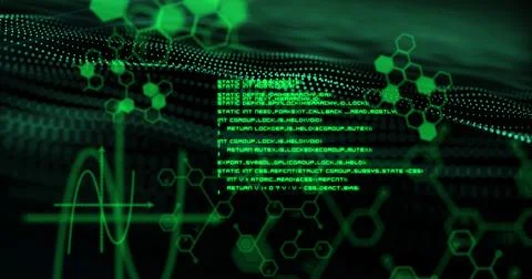 Displaying centered glowing green source code block floating over 3D dotted Stock Photos