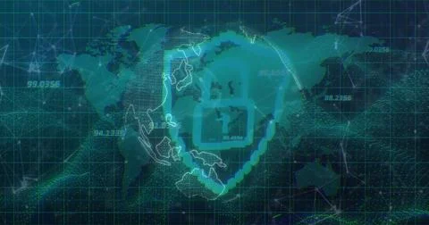 Displaying centered glowing shield protecting Asia-Pacific map grid, with Illustrazione stock