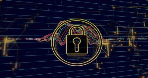 Displaying centered gold padlock icon securing data on dark navy grid, with m Stock Illustration