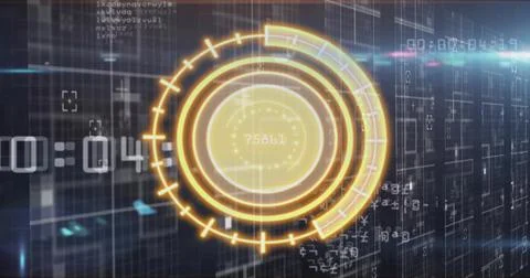 Displaying centered golden HUD pulsing on virtual display, showing numeric core, Stock Illustration