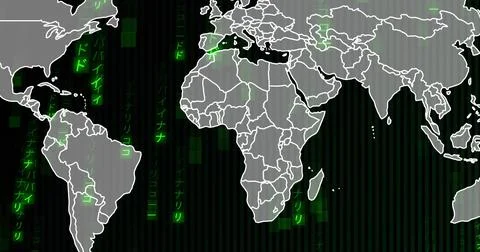 Displaying centered gray world map showing white borders on dark grid, showing Stockillustratie