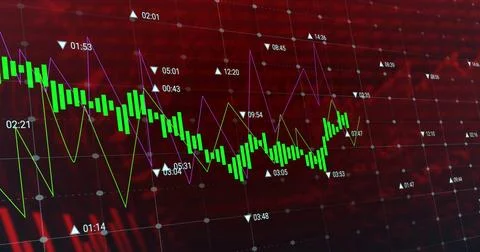 Displaying centered green candlesticks moving on market dashboard, with green Stock Photos