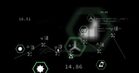 Displaying centered green hex node network on black dashboard, showing numeric Stock Photos