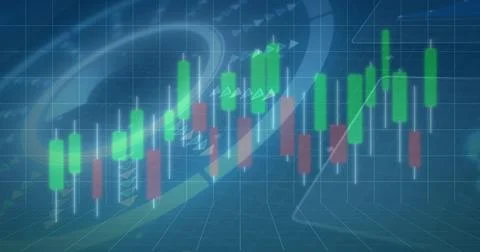 Displaying centered green red candlesticks moving on virtual trading grid, with Stock Illustration