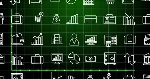 Displaying centered grid of white business and finance icons on dashboard, with Stock Illustration